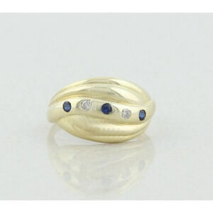 14k Yellow Gold Natural Blue Sapphire and Diamond Dome Ring Size 10 3/4